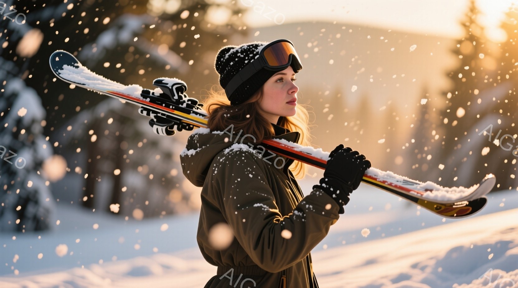 長い赤髪を頭の上にまとめた女性が、スキー板を肩に担いで立っている。彼女は黒いニット帽とゴーグルを着用し、濃い緑色のジャケットを着ている。背景は雪景色で、遠くには木々が見え、全体的に寒々とした冬の雰囲気 - AI生成フリー素材