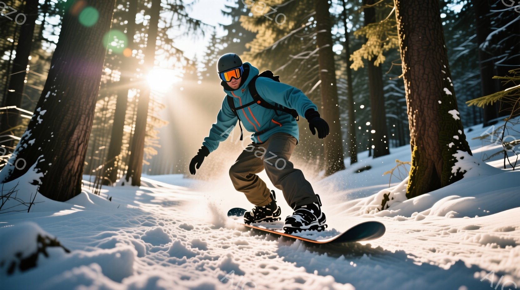 スノーボーダーが雪山を疾走している様子が写っている。彼は青色のジャケット、ベージュ色のズボン、黒いゴーグルとヘルメットを着用し、顔はゴーグルで覆われているが、楽しそうな表情が想像できる。背景には雪をまとった木々が立ち並び、太陽光が木々の間から差し込み、幻想的な雰囲気を醸し出している。