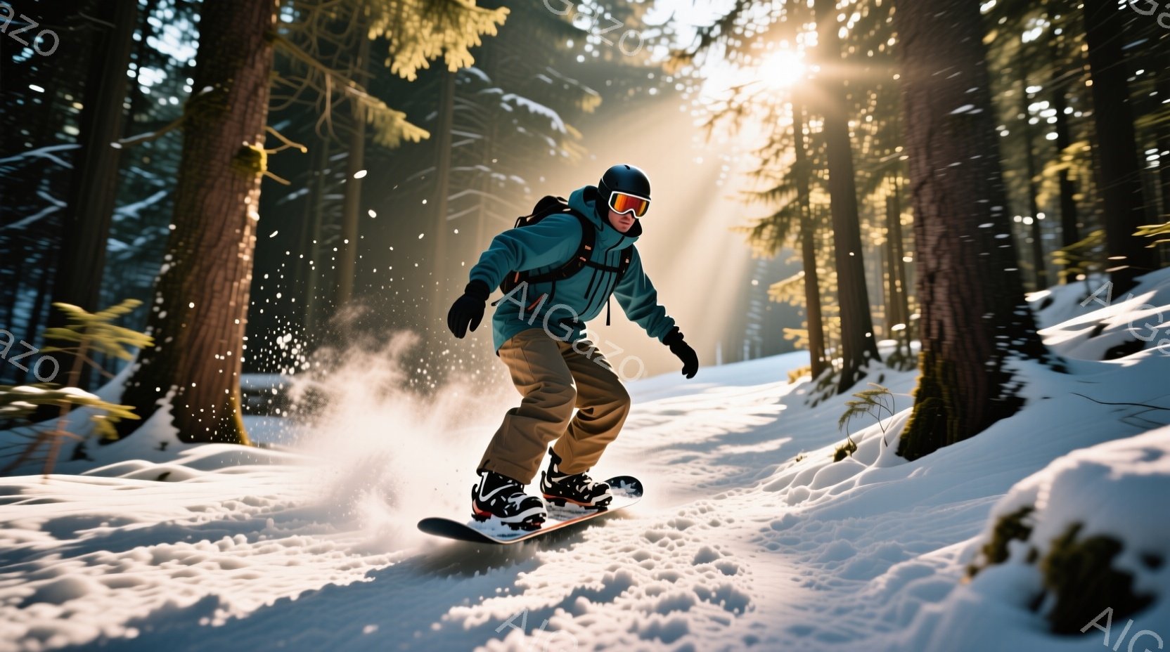 スノーボードをする男性が写っている。彼は青緑色のジャケット、茶色のズボン、黒いゴーグルとヘルメットを着用しており、雪煙を上げながら斜面を滑っている。背景には雪に覆われた木々が立ち並び、太陽の光が差し込み、冬の活気ある雰囲気を演出している。