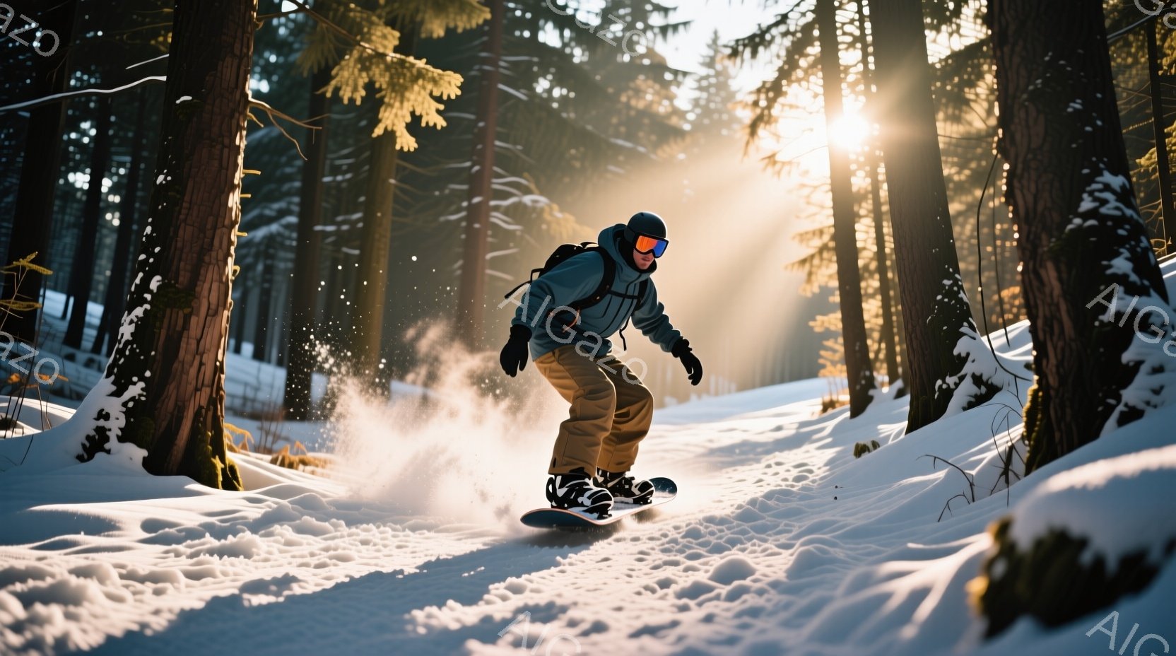 スノーボードをする男性が写っている。彼は黒のヘルメットとゴーグルを着用し、茶色の髪が見えている。雪煙を上げながら、スノーボードで雪上を滑走しており、その姿勢はダイナミックで活気に満ちている。