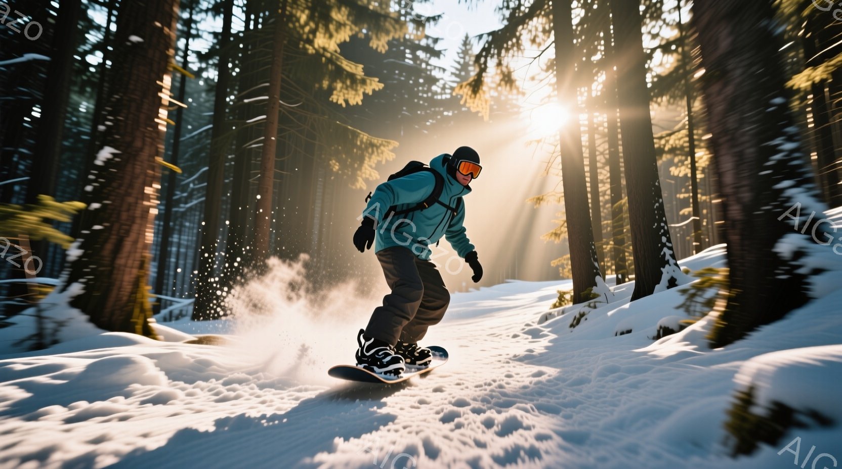 スノーボードを楽しむ男性が写っています。彼は鮮やかな水色のジャケットと黒いズボンを着用し、ゴーグルと帽子をかぶっています。雪が舞う針葉樹林の中で、彼は勢いよく雪面を滑り、光が差し込む幻想的な雰囲気です。