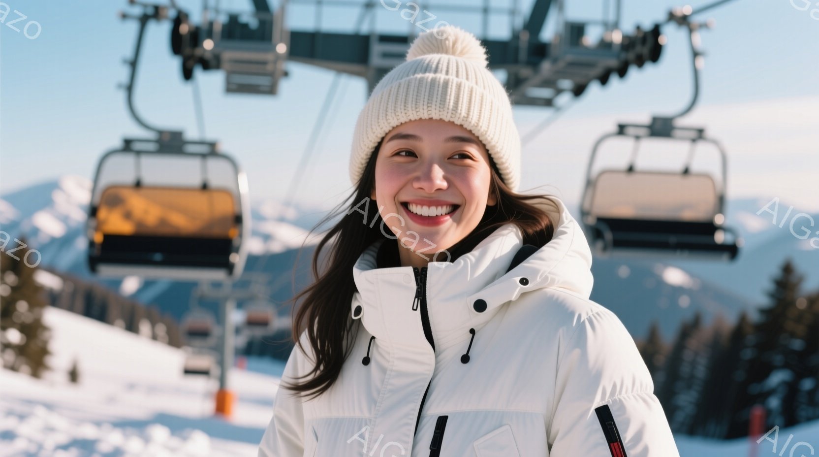 白いニット帽を被り、白いダウンジャケットを着た女性がカメラに向かって微笑んでいます。彼女は屋外で、後ろにはスキーリフトと雪に覆われた山々が広がっています。晴天で、冬の穏やかな雰囲気が伝わってきます。