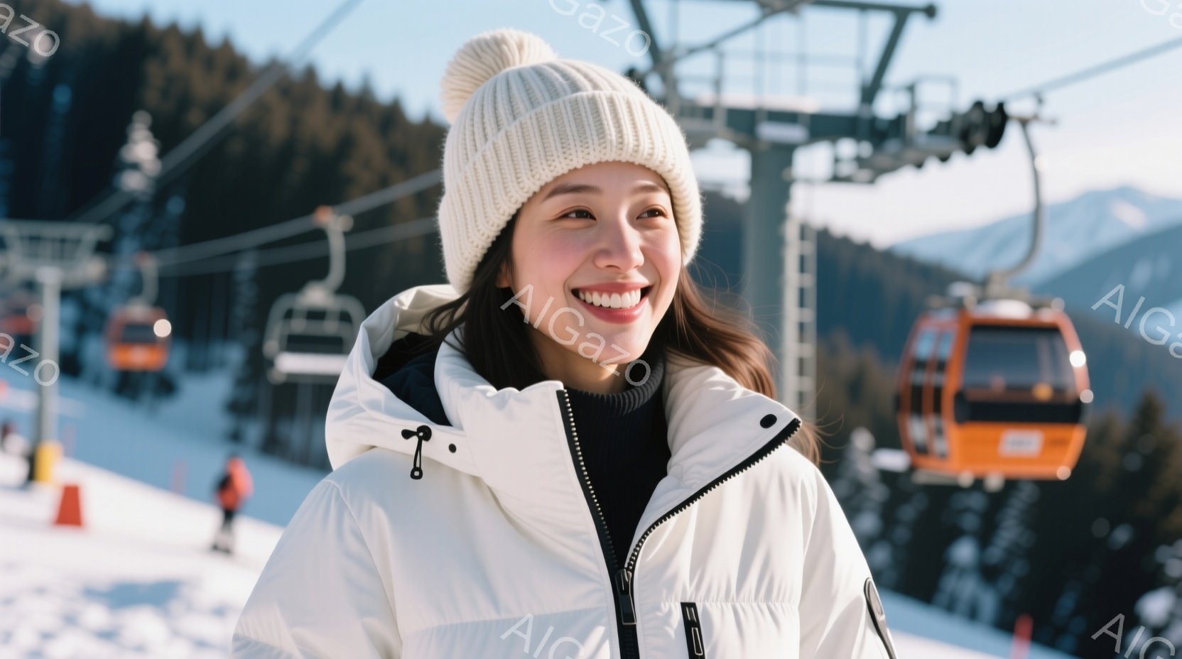 白いニット帽をかぶり、黒いハイネックセーターと白いダウンジャケットを着た若い女性が、雪山を背景に微笑んでいます。彼女はカメラに向かって少し顔を傾け、明るく幸せそうな表情をしています。背景にはスキーリフトと雪に覆われた山々が広がり、晴天で冬の穏やかな雰囲気を醸し出しています。