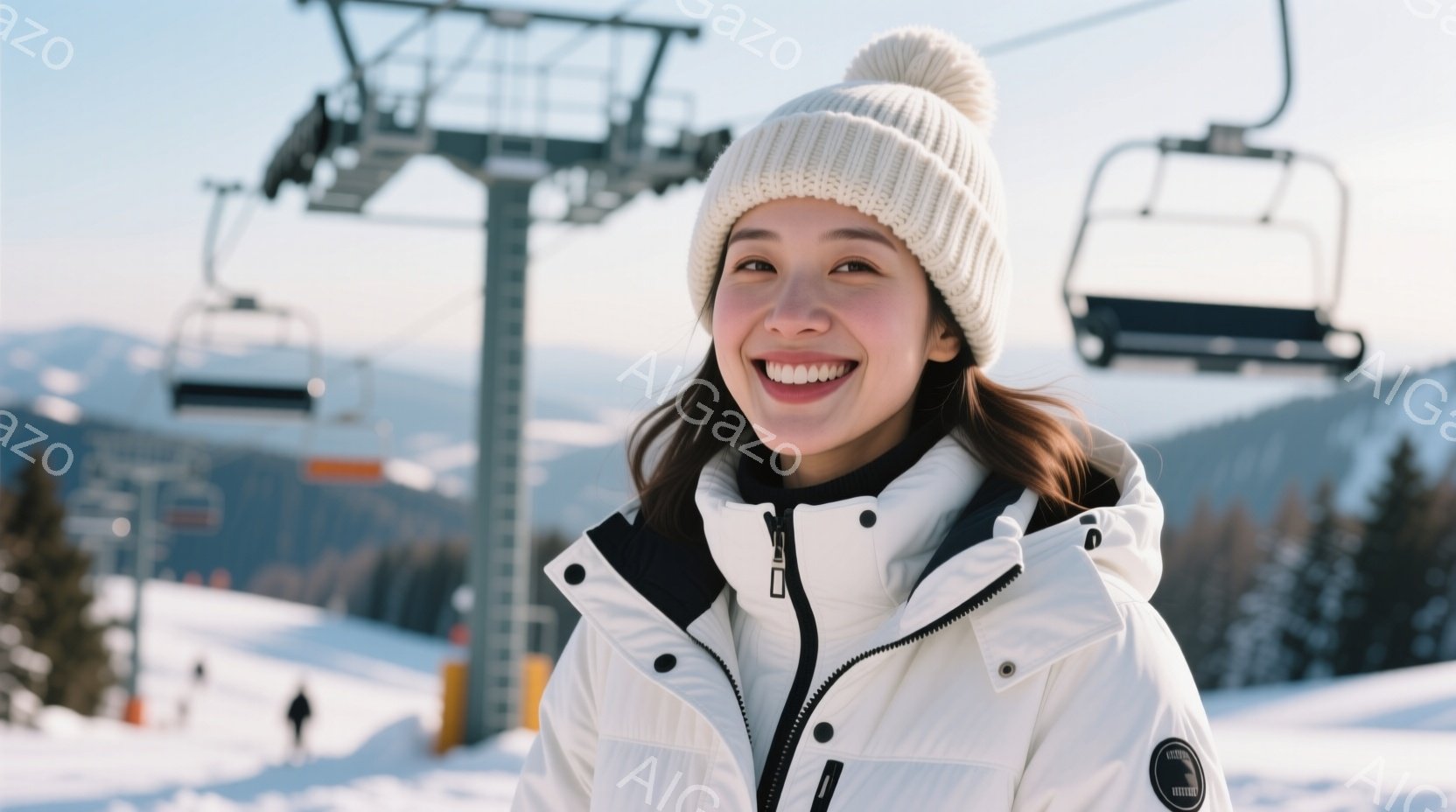 女性は白いニット帽をかぶり、白いダウンジャケットを着ています。彼女は満面の笑みを浮かべ、カメラの方を見ています。背景には雪山とスキーリフト、そして白い雪景色が広がっており、冬の晴れた日のスキー場という - AI生成フリー素材