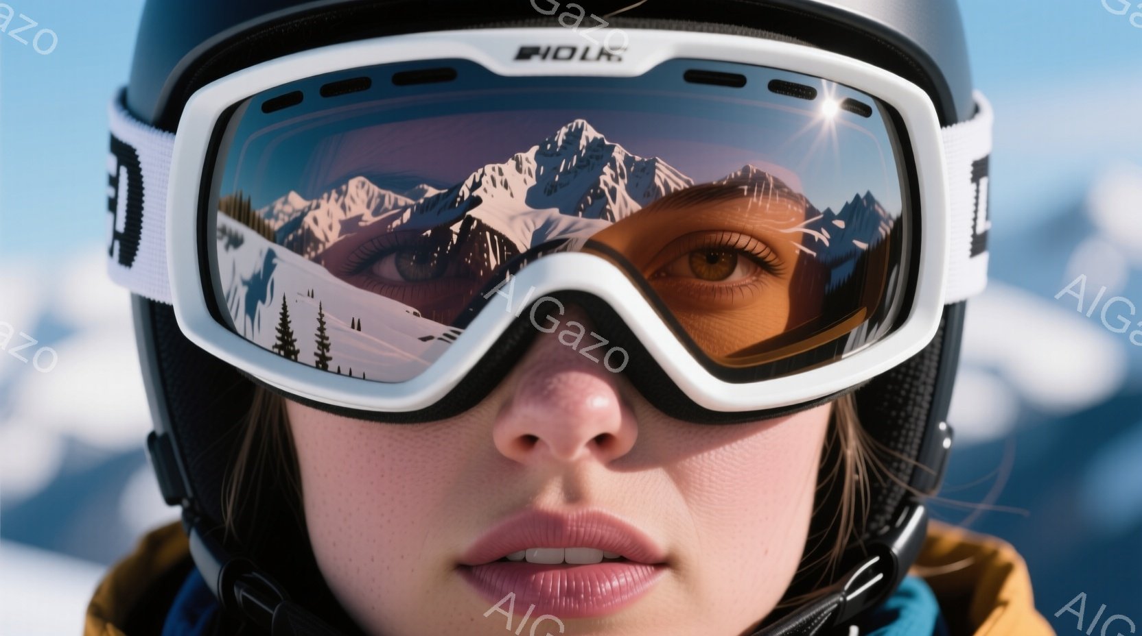 スキーゴーグルをかけた女性の顔のクローズアップです。彼女は明るい色のジャケットを着ており、ゴーグルのレンズには雪山とスキー場が反射しています。彼女の表情は落ち着いており、雪景色と相まって静かで穏やかな雰囲気を醸し出しています。