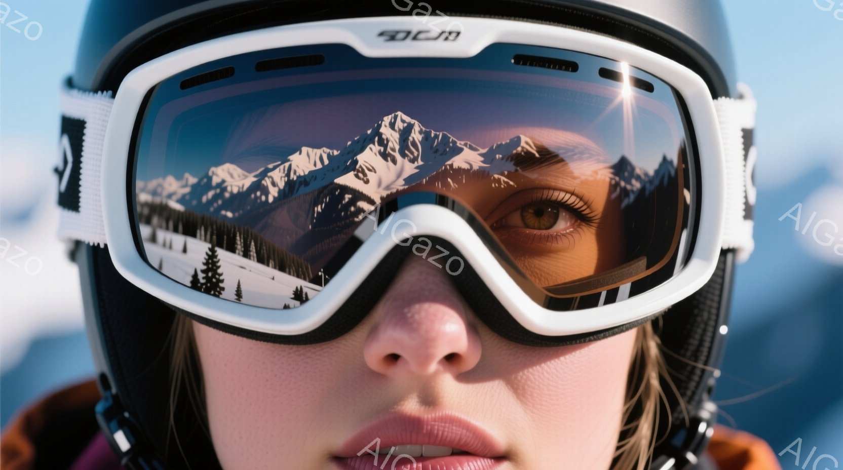 スキーゴーグルを着用した女性の顔のクローズアップです。ゴーグルのレンズには雪山とスキー場の風景が映り込み、女性の瞳の色がレンズを通して際立っています。彼女は落ち着いた表情で、冬のスキーを楽しむ雰囲気が伝わってきます。