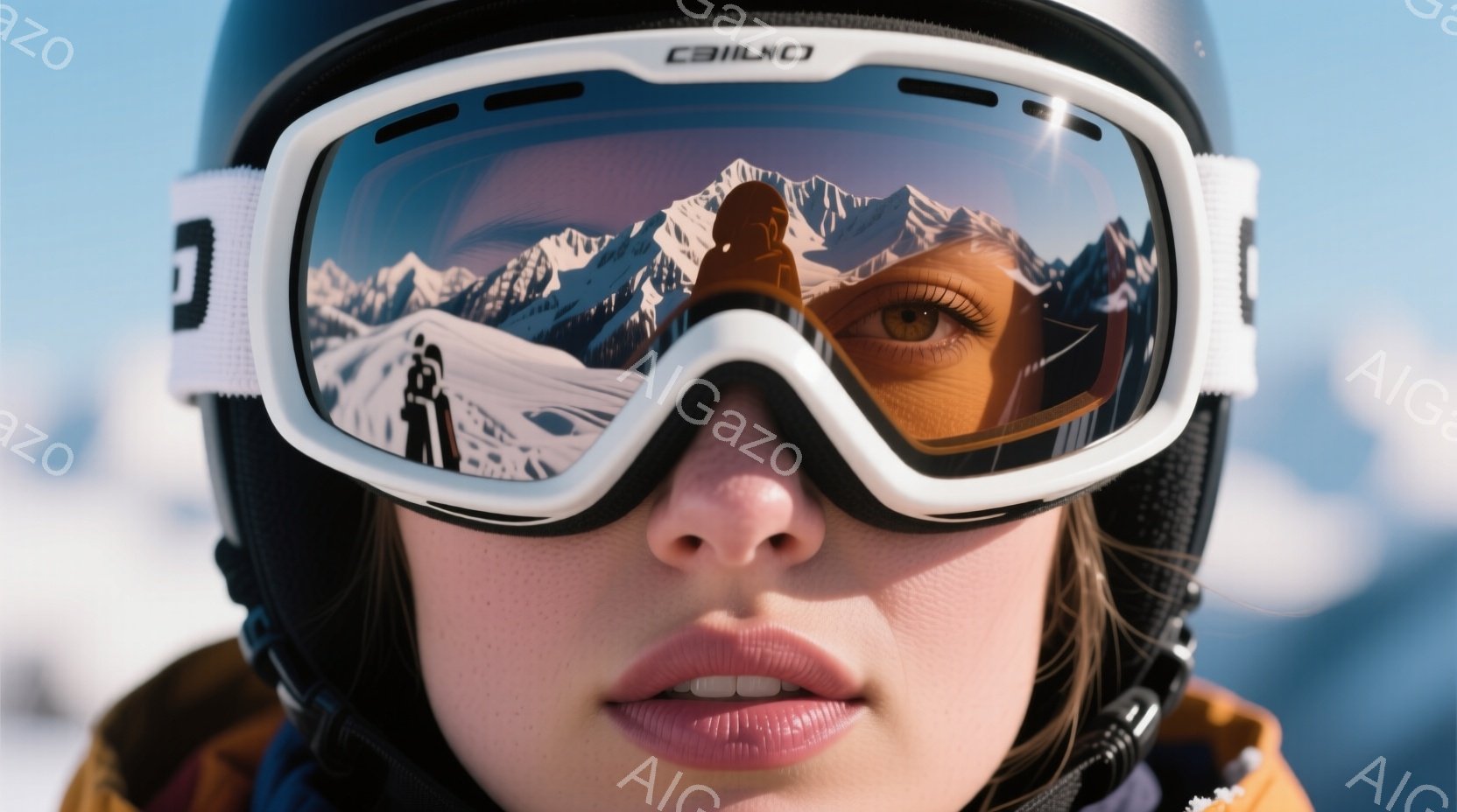 スキーゴーグルをかけた女性の顔のクローズアップ写真です。ゴーグルのレンズには雪山とスキーヤーの姿が映り込み、女性は少し口を開けて、落ち着いた表情をしています。背景には雪景色が広がり、冬の寒さと爽やかさを感じさせる雰囲気です。