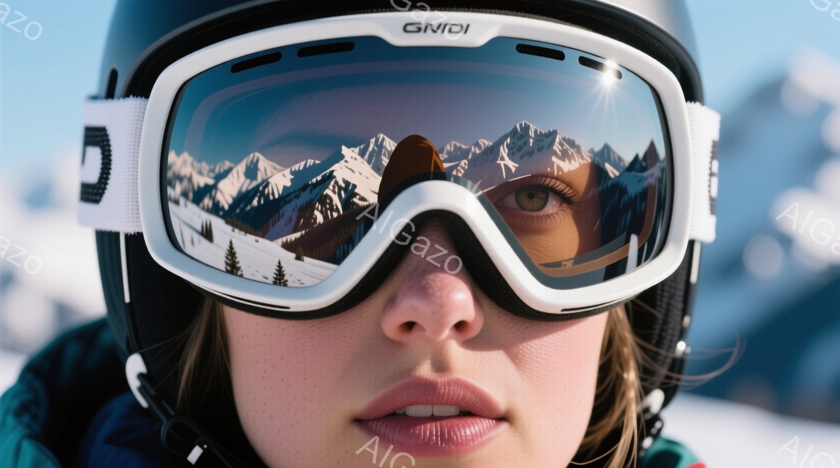 スキーゴーグルをかけた女性の顔のアップ写真です。ゴーグルのレンズには雪山と針葉樹林の美しい風景が反射しており、彼女の瞳も映り込んでいます。女性は薄い唇でわずかに微笑み、冬のスキー場という冷たい空気を感じさせる、凛とした雰囲気を醸し出しています。