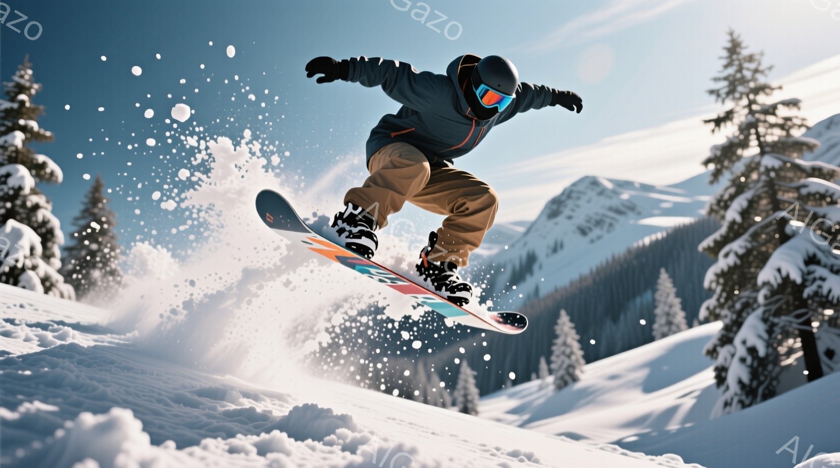 スノーボーダーが雪上を高くジャンプしており、鮮やかな色のスノーボードに乗っている。彼は黒のヘルメットとゴーグル、そして黒いジャケットとベージュのズボンを身に着けており、活気にあふれた表情はゴーグルで見えない。背景には雪をまとった山々と、針葉樹の森が広がり、晴天の下、爽やかな冬の雰囲気を醸し出している。