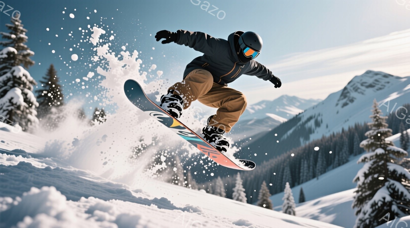 スノーボーダーが雪上を高く飛び跳ねている様子が捉えられています。彼は黒のジャケット、茶色のズボン、ヘルメット、ゴーグルを着用し、空中での姿勢はバランスが取れており、活気に満ちています。背景には雪を頂いた山々が広がり、晴天の青空と白い雪のコントラストが美しい冬の風景を作り出しています。