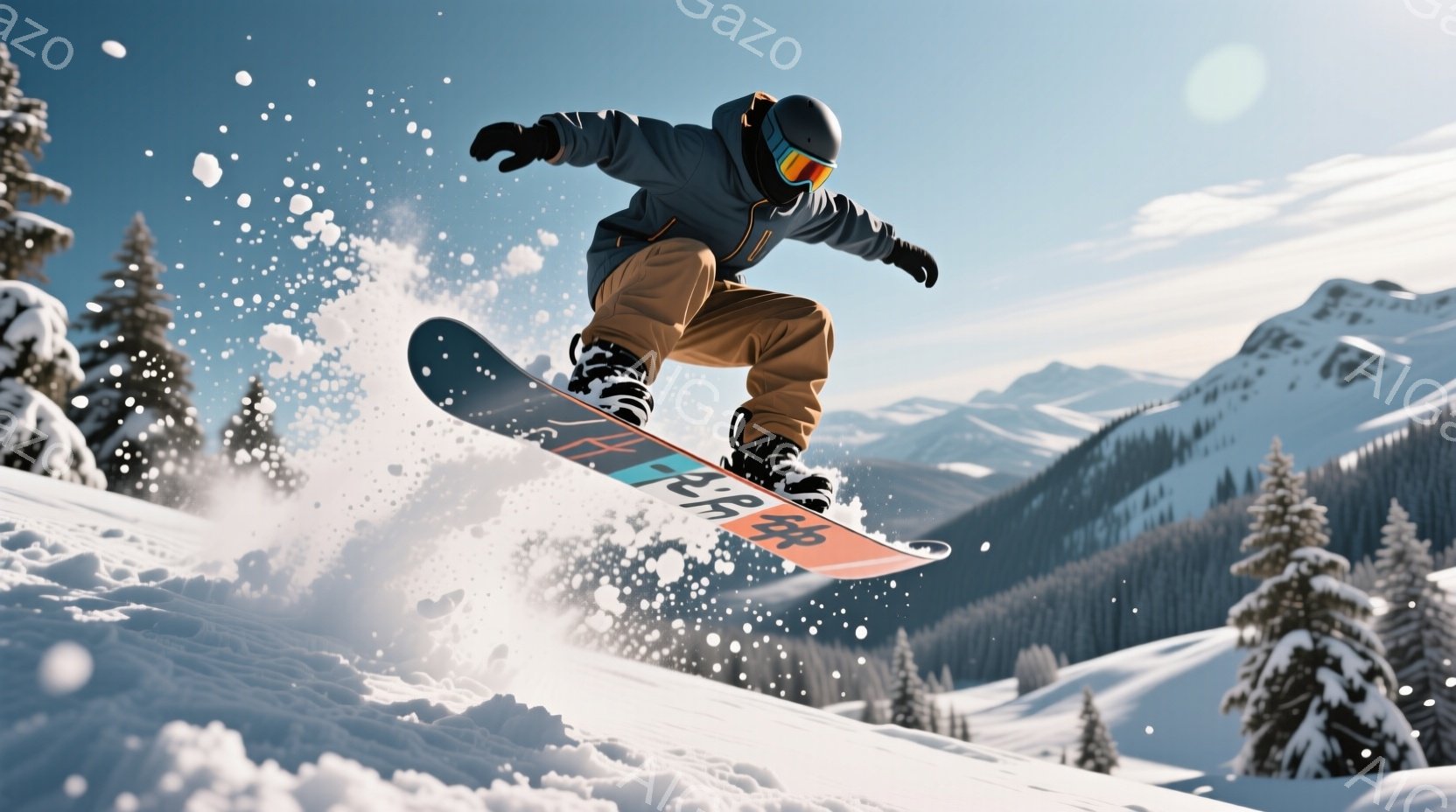 スノーボーダーが雪上を高く飛び跳ねている様子が捉えられています。彼は黒とオレンジのウェア、ヘルメットとゴーグルを着用し、空中でのアクションを楽しんでいるようです。背景には雪をまとった山々と木々が広がり、晴天の下、爽やかな冬の雰囲気が漂っています。