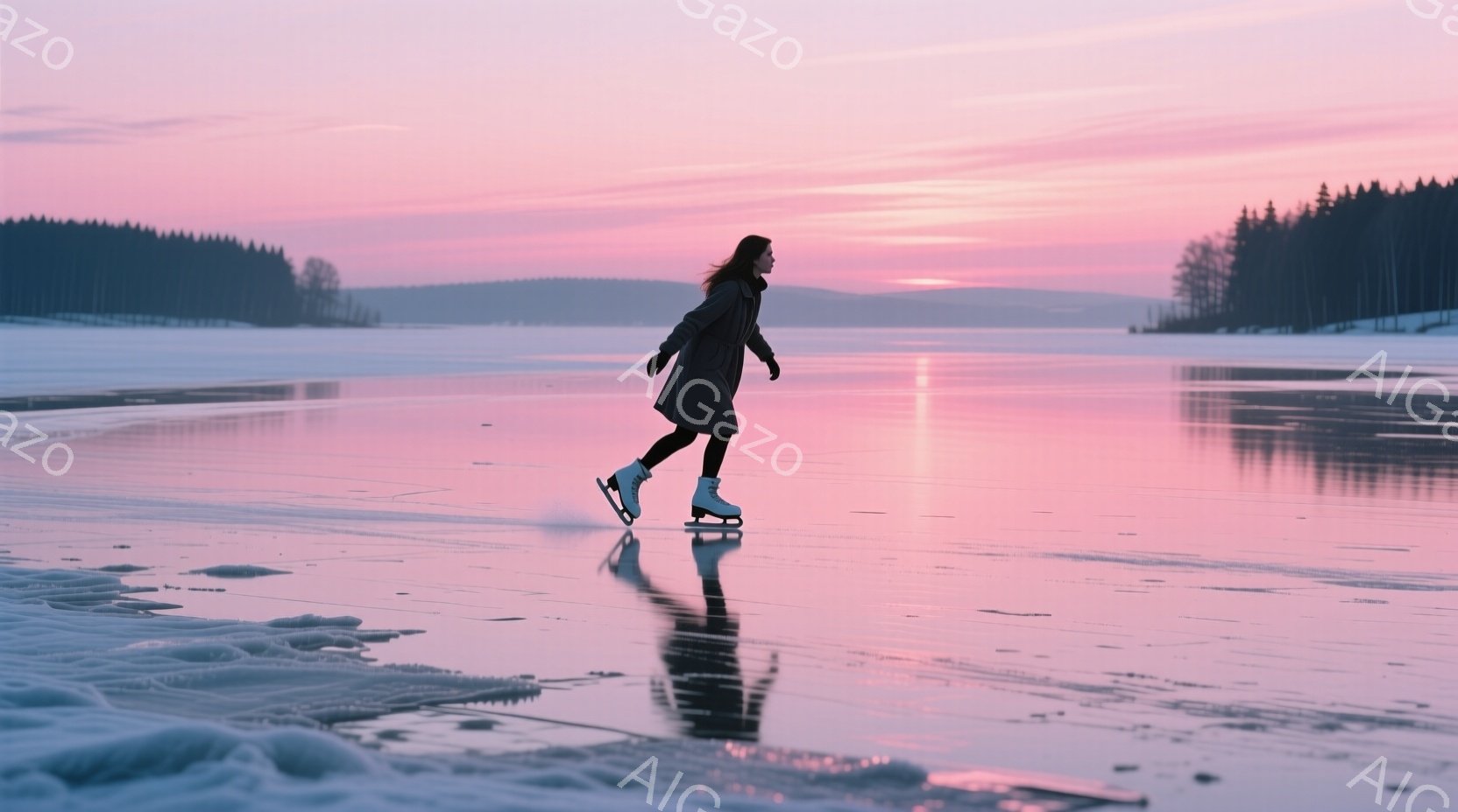 凍てつく湖の上を、黒いコートを着た女性が優雅にアイススケートをしている。彼女は長い髪を背中に垂らし、少し前かがみの姿勢で滑走している。背景にはピンクと紫が混ざり合った夕焼け空が広がり、遠くには雪に覆われた木々がシルエットとして浮かび、静寂で幻想的な雰囲気を醸し出している。