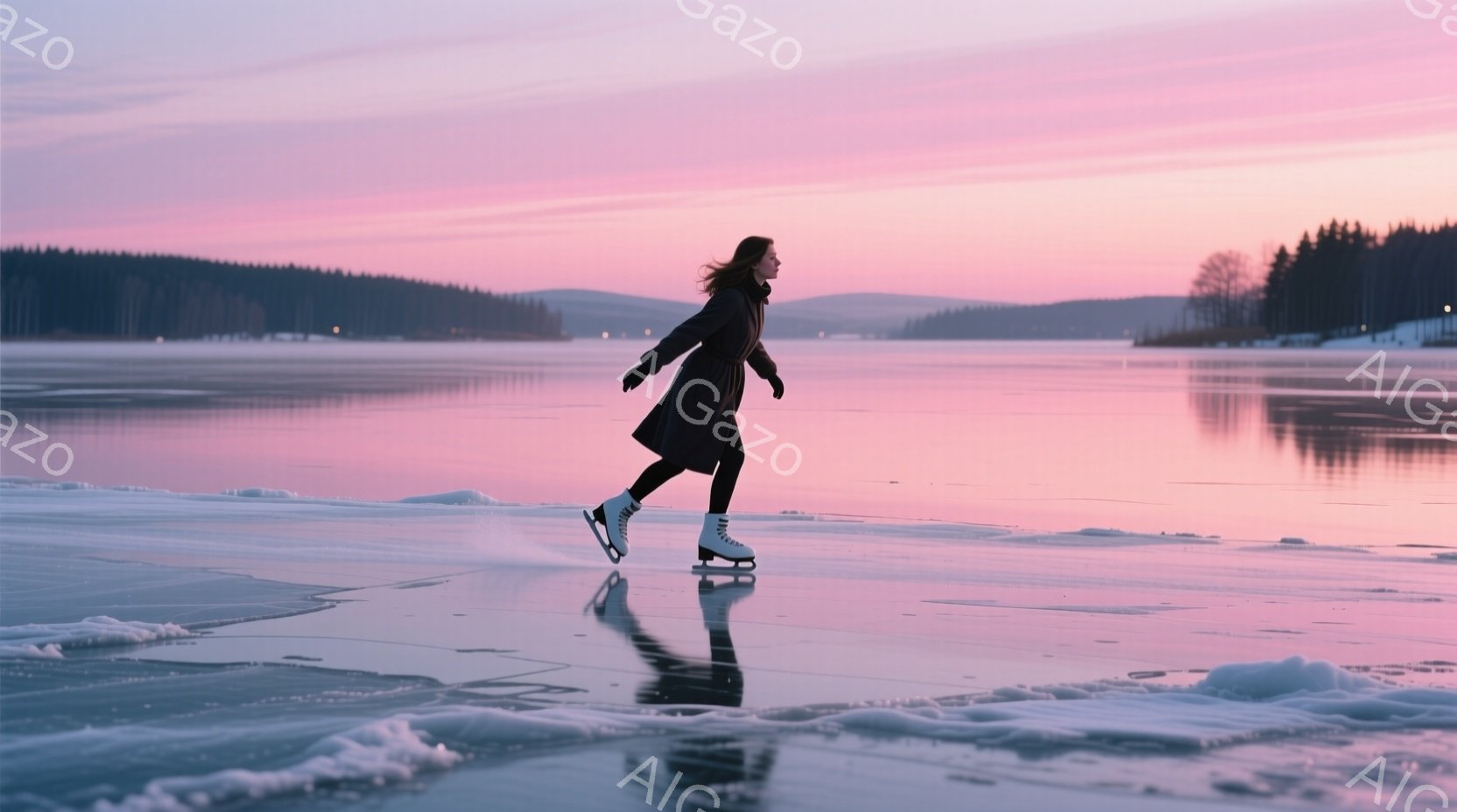 長い黒いコートを着た女性が、凍った湖の上でスケートをしている。彼女は黒いレギンスと白いスケート靴を履いており、髪は風になびいている。背景には針葉樹の森が広がり、夕焼けのピンクと紫色の空が湖面に反射し、幻想的な雰囲気を醸し出している。