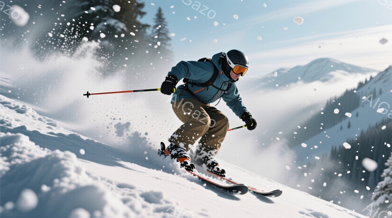 スキーヤーが雪山を疾走している様子が捉えられています。彼は、濃い青のスキーウェア、ベージュ色のズボン、黒いヘルメットとゴーグルを着用し、雪煙を巻き上げながらダイナミックな姿勢で滑っています。背景には雪をまとった山々が広がり、晴天の下、爽やかで活気あふれる冬の雰囲気が漂っています。