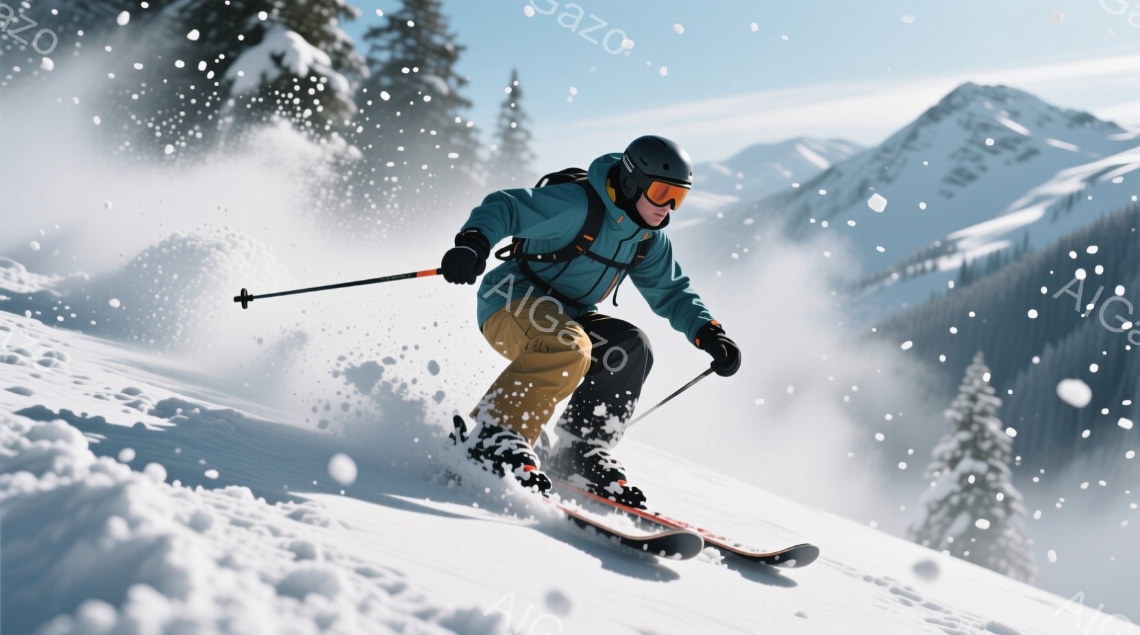 スキーヤーは、ターコイズブルーのジャケットとベージュのズボンを身につけ、雪の上を高速で滑走している。ヘルメットとゴーグルで顔を覆い、集中した表情をしている。背景には、雪をまとった針葉樹林と、遠くに見える山々が広がり、雪が舞う冬の風景が広がっている。