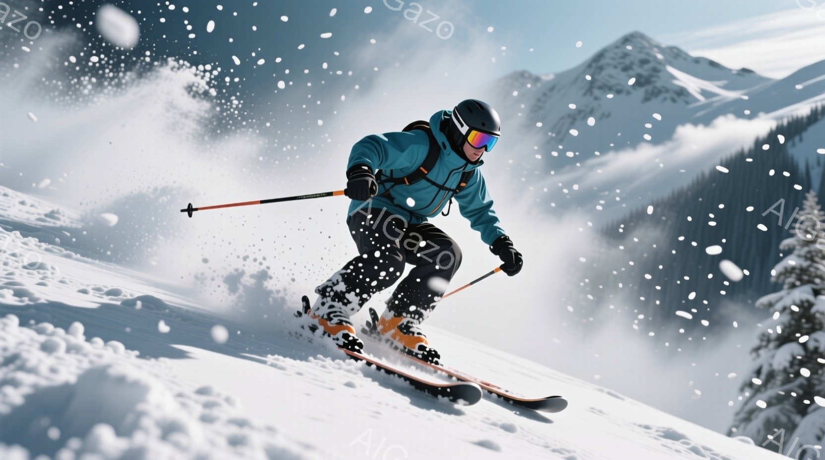 スキーヤーは、青と黒のスキーウェアとヘルメット、ゴーグルを着用し、雪山を高速で滑走しています。彼は膝を曲げ、前傾姿勢でバランスを取りながら、雪煙を巻き上げながら滑っています。背景には雪を頂いた山々が広がり、吹雪の気配が感じられ、エネルギッシュでダイナミックな冬の雰囲気を醸し出しています。