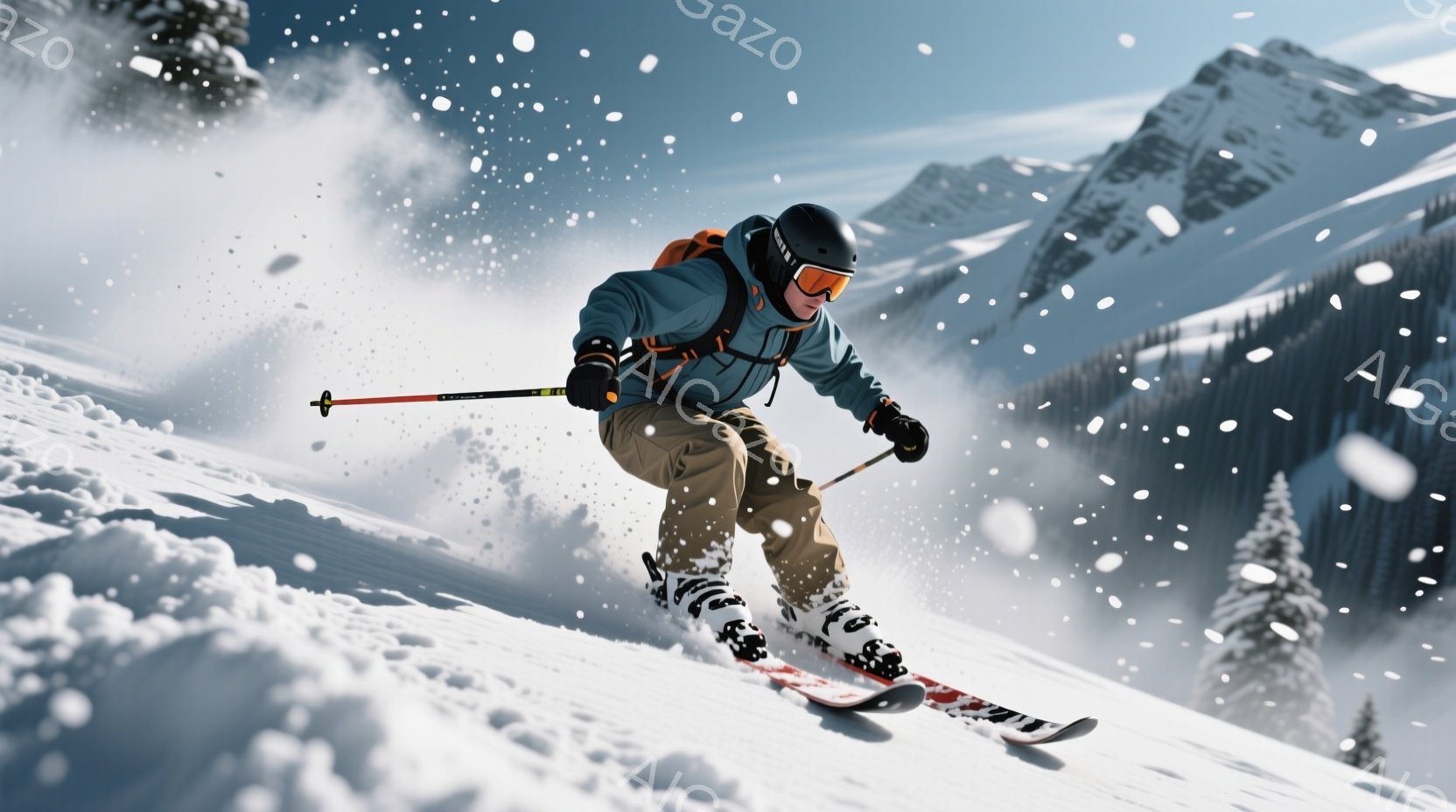 スキーヤーは、鮮やかな水色のジャケットとベージュのパンツを着用し、雪山を滑走している。彼はヘルメットとゴーグルを着用し、表情は隠されているが、姿勢はダイナミックでスピード感があり、雪煙を巻き上げながら急斜面を滑っている。背景には雪を頂いた山々と針葉樹林が広がり、吹雪の中に壮大な冬の風景が広がっている。