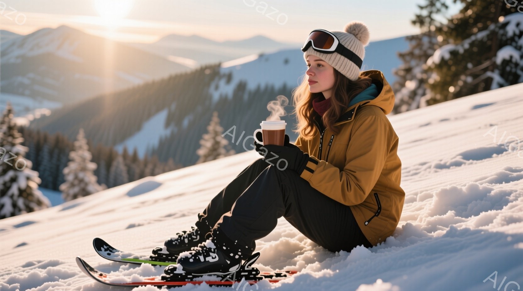 雪山の斜面に座る女性が描かれています。彼女はニット帽とゴーグルを着用し、キャメル色のジャケットと黒いズボン姿で、温かい飲み物を手にしています。背景には雪に覆われた山々と木々が広がり、晴れた空の下、穏やかで静かな冬の雰囲気が漂っています。