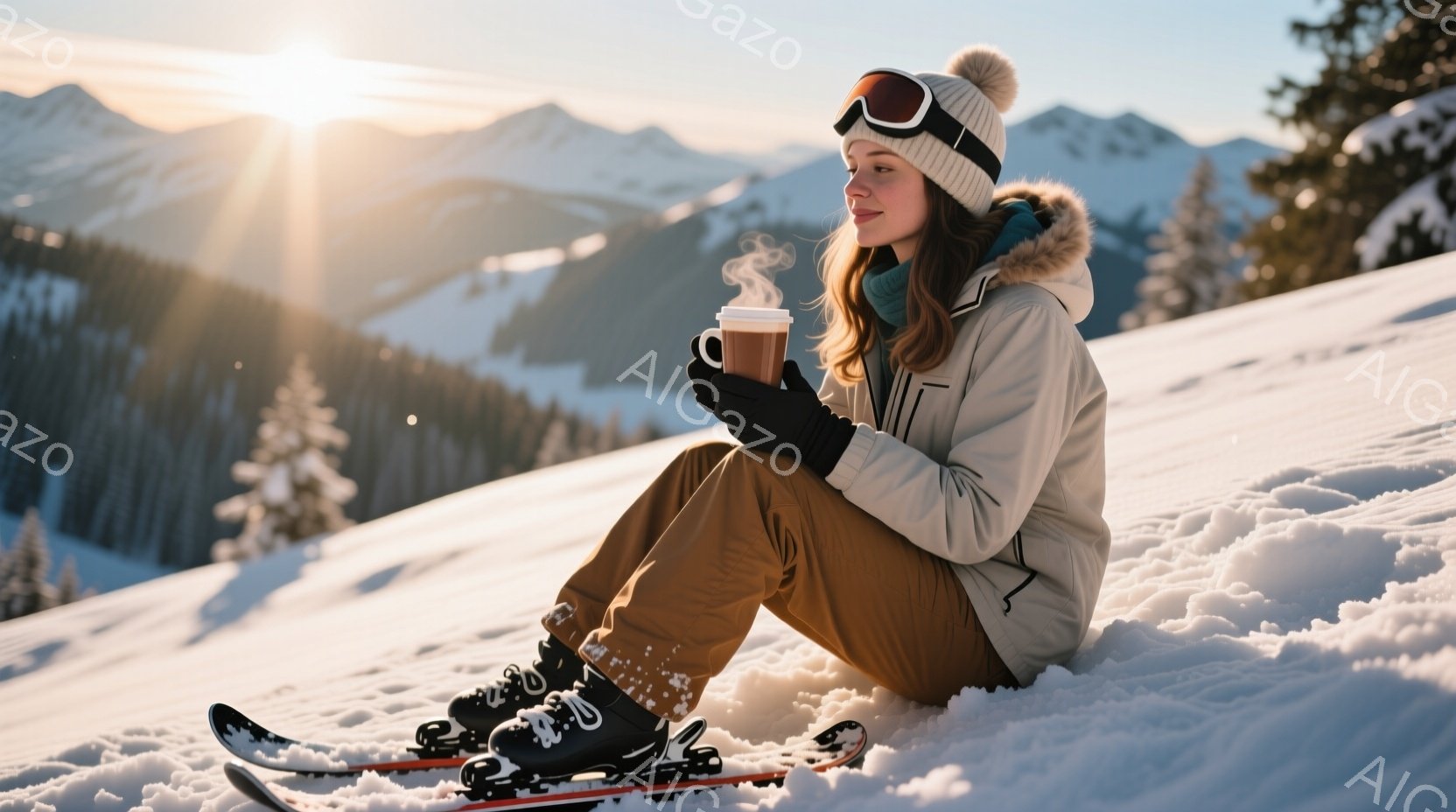雪山を背景に、女性がスキーブーツを履き、膝を抱えて座っている。彼女はクリーム色のニット帽、ゴーグル、オフホワイトのジャケット、茶色のズボンを身に着け、片手に温かい飲み物を手にしている。背景には雪に覆われた山々が広がり、太陽光が降り注ぎ、穏やかで静寂な冬の雰囲気を醸し出している。