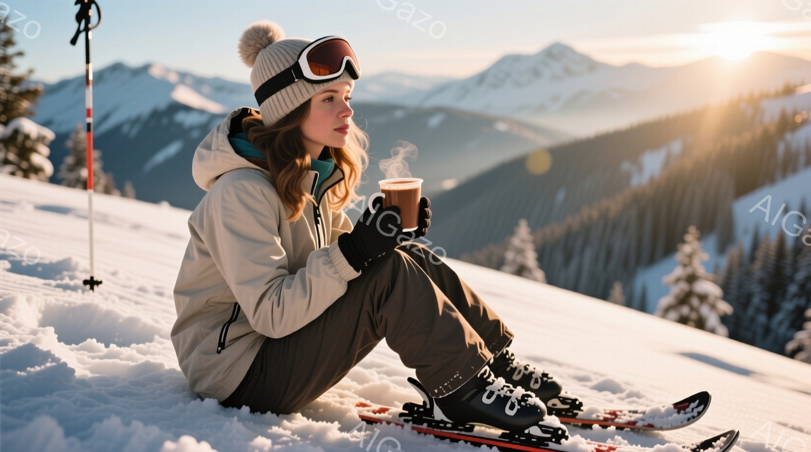 白いニット帽とゴーグルを着用した女性が、雪の上に座って温かい飲み物を楽しんでいます。彼女はベージュ色のジャケットと濃いグレーのズボンを身に着け、スキー板を履いています。背景には雪を頂いた山々と針葉樹林 - AI生成フリー素材