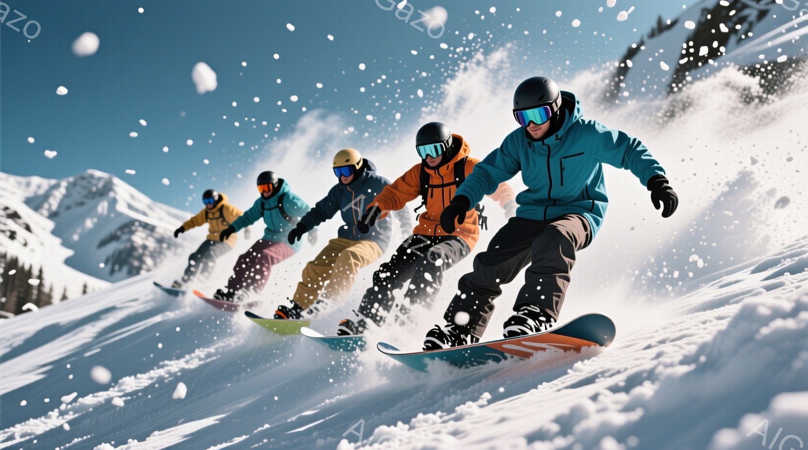 雪山をスノーボードで滑る4人の男性が写っている。彼らはそれぞれ異なる色のスキーウェアとゴーグルを着用し、スピードに乗って雪煙を巻き上げている。背景には雪を頂いた山々が広がり、晴天の下、爽快な冬の雰囲気が漂っている。
