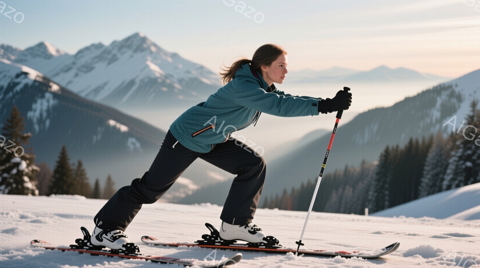 雪山をスキーで滑っている女性が写っています。彼女は濃い緑色のジャケットと黒のスキーパンツを着ており、髪は後ろでポニーテールに結ばれています。背景には、雪を頂いた山々が連なり、晴天で明るい雰囲気です。 - AI生成フリー素材