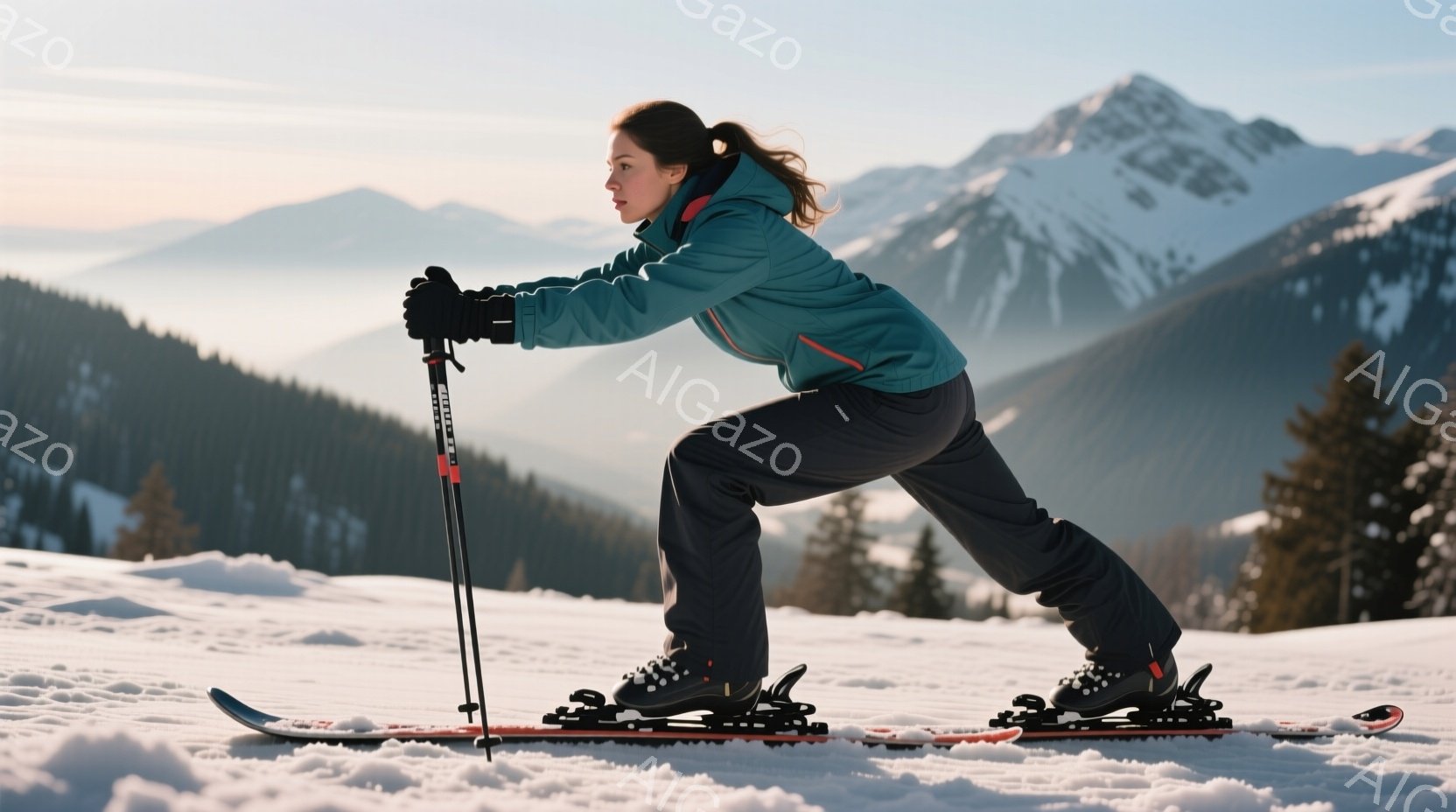 雪景色の中で、女性がスキー板の上に立っている。彼女は濃い青色のスキーウェア、黒いズボン、そして黒い髪を後ろで束ねている。背景には雪を頂いた山々と森林が広がり、晴天の下で冬の静寂と爽やかさを感じさせる。