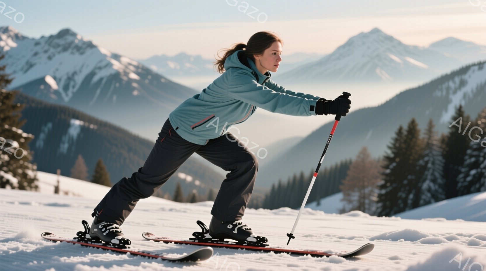 スキーをする女性が写っている。彼女は青緑色のジャケットと黒いスキースーツを着ており、髪は後ろでまとめてある。背景には雪を抱いた山々が広がり、晴れた冬の日の穏やかな雰囲気を醸し出している。