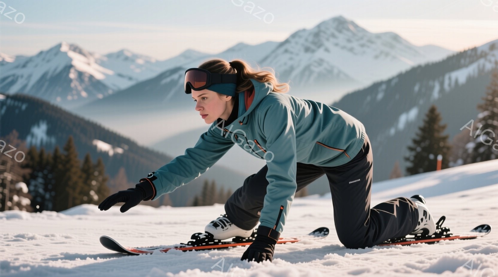 スキーヤーが雪の上に膝をつき、スキー板を調整している姿が写っています。彼女はターコイズブルーのジャケット、黒いスキーパンツ、ゴーグルを着用し、髪はポニーテールにまとめています。背景には雪を頂いた山々が広がり、晴天の下、爽やかな冬の雰囲気が漂っています。