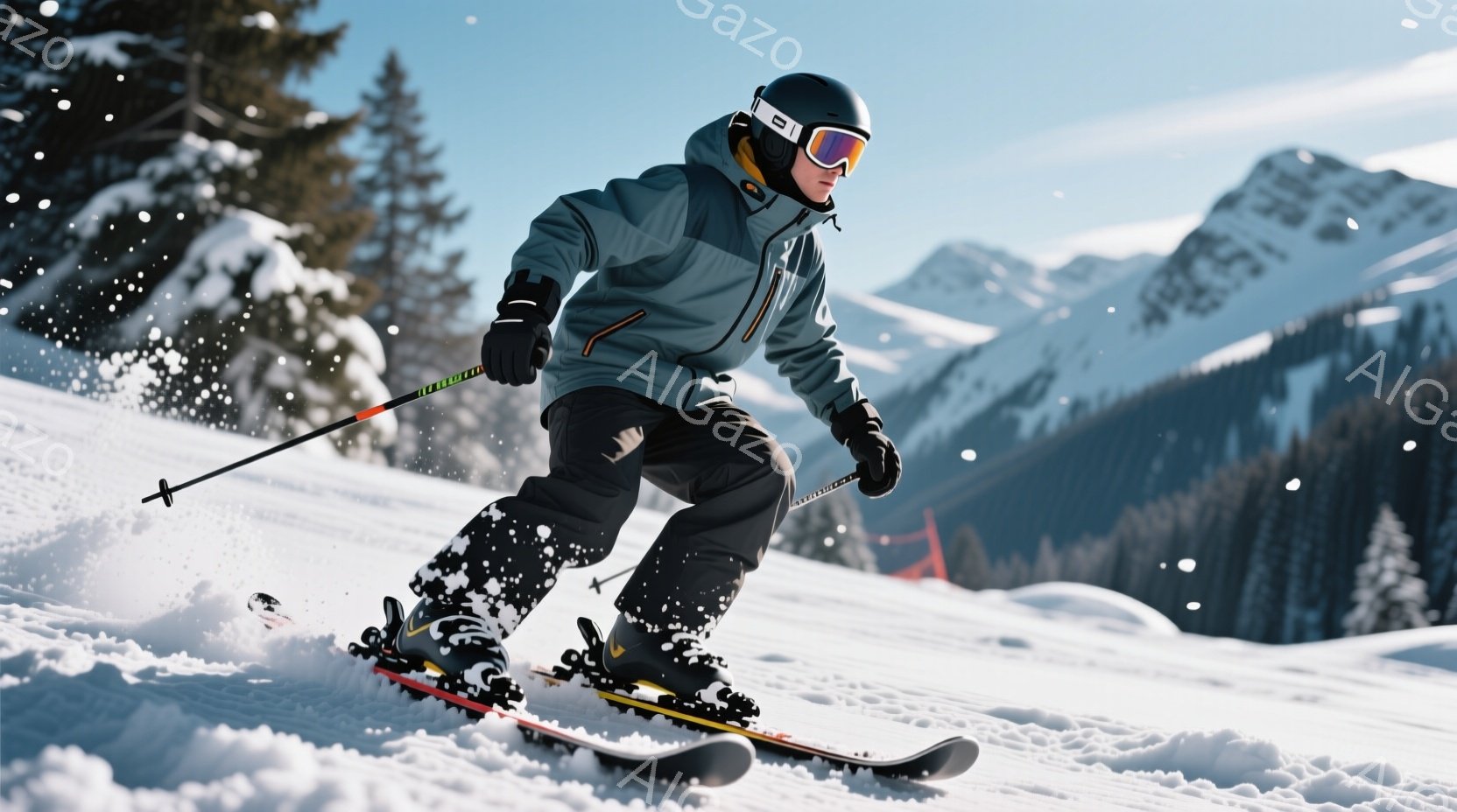 スキーヤーは雪上を高速で滑走しており、紺色とグレーのスキーウェア、黒いヘルメット、ゴーグルを着用しています。彼は片足を前に出し、バランスを取りながらスキーポールを構え、雪しぶきが舞う中で活発な姿勢を見せています。背景には雪をまとった山々が連なり、晴天の下、冬のスキーリゾートの爽やかな雰囲気が伝わってきます。