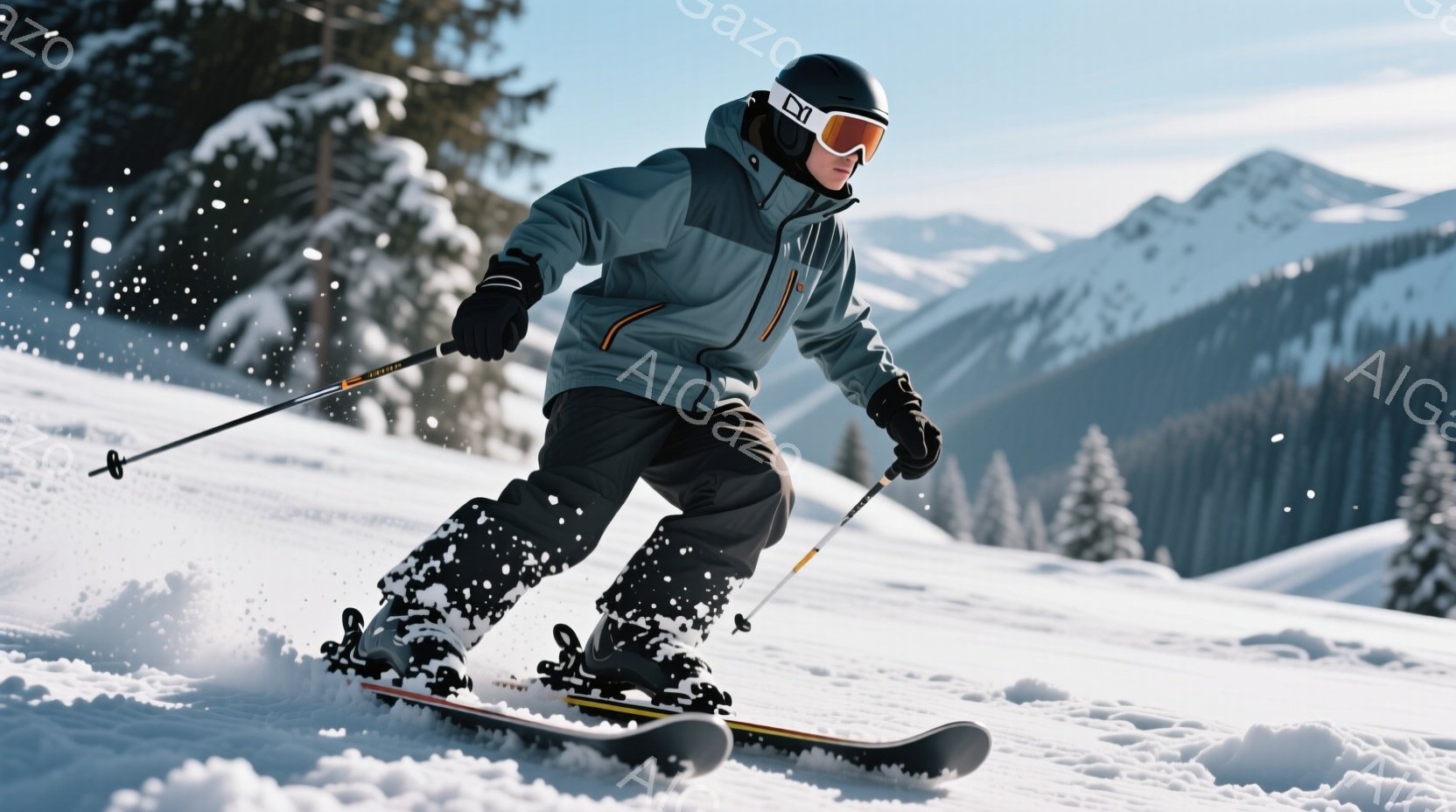 スキーヤーが雪の上を滑走している様子が写っている。彼は黒いヘルメットとゴーグルを装着し、グレーとオレンジのスキーウェアを着用している。背景には雪を抱いた山々が広がり、晴天の下、雪が舞う冬の風景が広がっている。