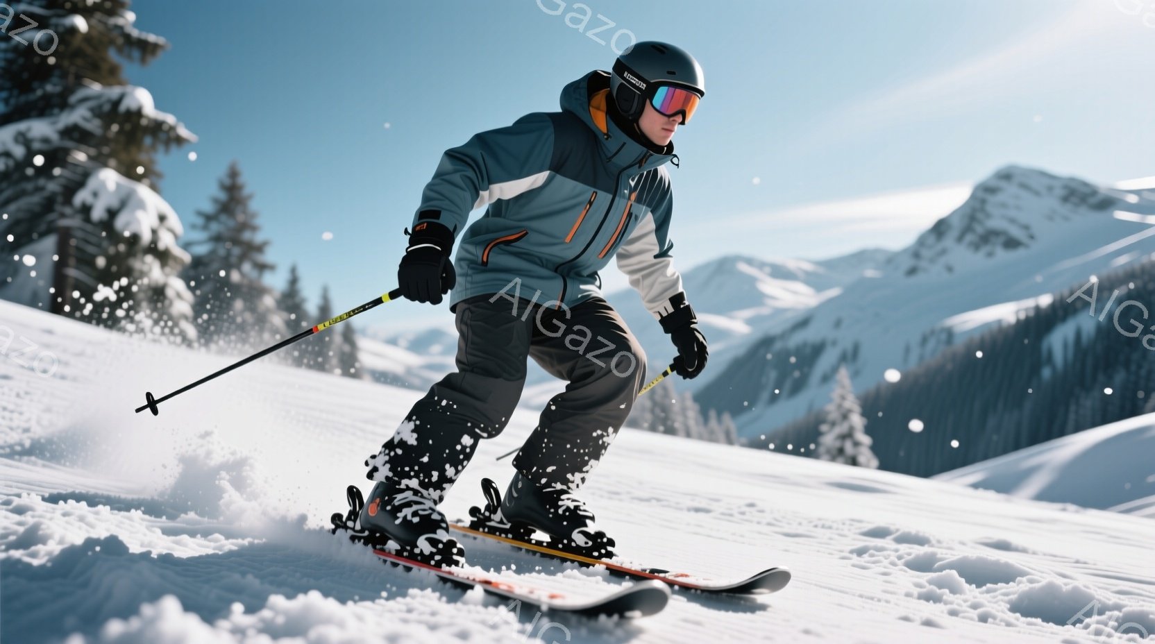 スキーヤーが雪山を滑降している様子が写っている。彼はグレーとオレンジのスキーウェア、黒いヘルメット、ゴーグルを着用し、黒髪をヘルメットの中に隠している。背景には雪を頂いた山々が広がり、晴天で雪が舞う冬のスキー場という雰囲気が伝わる。