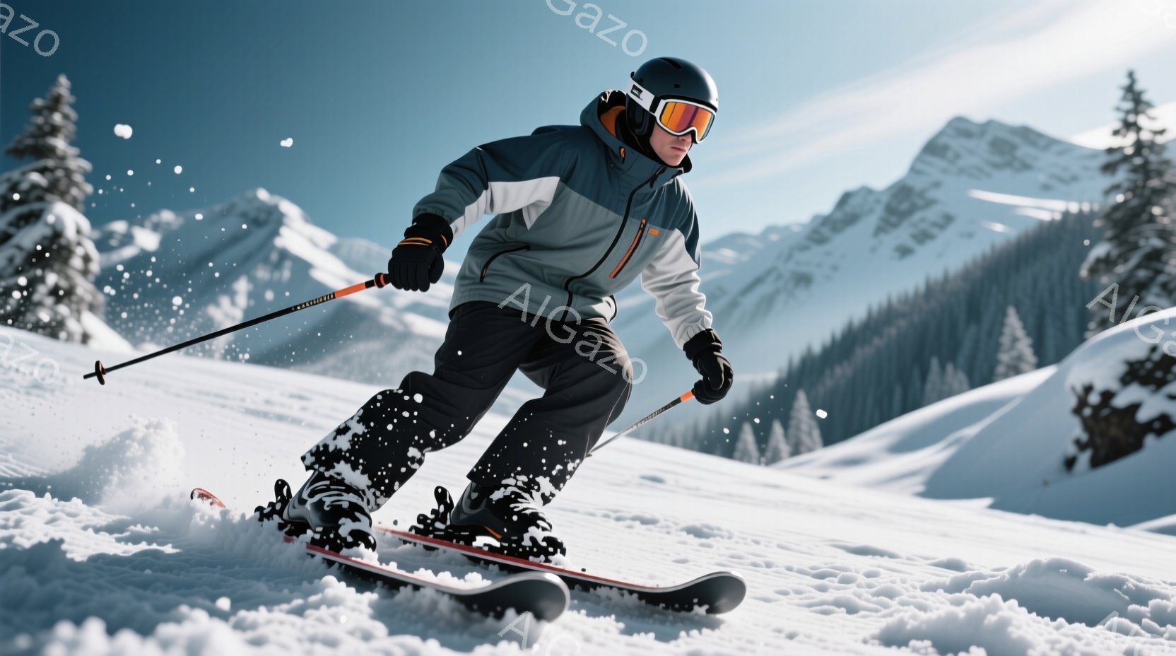 スキーヤーは黒と灰色のスキーウェア、オレンジ色のアクセント、ヘルメット、ゴーグルを着用し、雪上を滑走している。彼は片足を前に出し、体を低く構え、スキーポールを構えながら、スピード感のある姿勢で雪面を駆け抜けている。背景には雪を頂いた山々が連なり、晴天のもと、冬の爽やかな雰囲気を醸し出している。