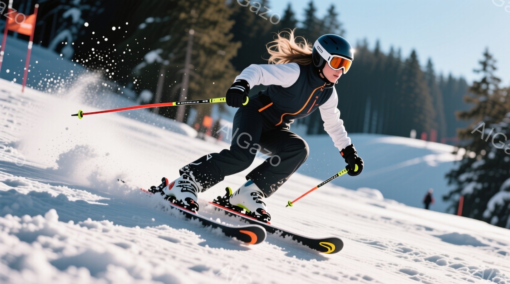 スキーヤーは黒と白のスキーウェアに身を包み、ヘルメットとゴーグルを着用しています。彼女は斜面を勢いよく滑っており、膝を曲げ、前傾姿勢でバランスを取っています。背景には雪に覆われた森林と青空が広がり、晴れた冬の日のアクティブな雰囲気が漂っています。