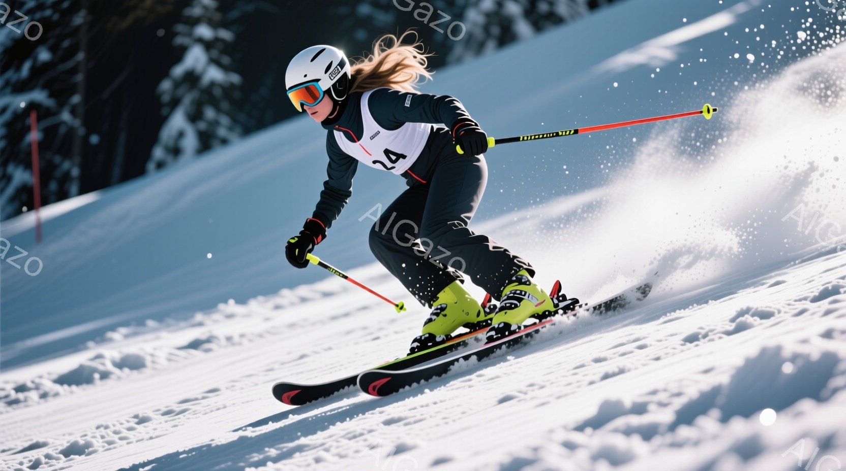 スキーヤーは、黒と黄色のスキーウェア、ヘルメット、ゴーグルを身に着け、競技中の様子が写っています。彼女はスピード感のある姿勢で斜面を下っており、雪煙が舞い上がっています。背景には白い雪景色とぼんやりとした山の風景が広がっており、晴天の下、活気あるスキー場の雰囲気が伝わってきます。