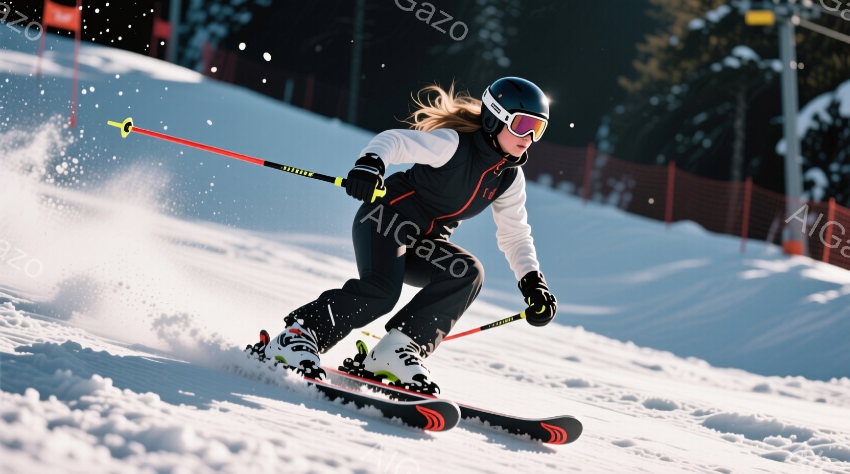 スキーヤーは、黒いスキーウェアに白いストライプ、そして黒のヘルメットとゴーグルを着用し、滑降している。彼女は少し前傾姿勢で、スキーとポールを使ってバランスを取りながら、雪面を高速で進んでいる。背景には、雪に覆われた斜面と、ぼんやりと見えるリフト施設があり、晴天の下、活気あるスキー場の雰囲気が伝わってくる。