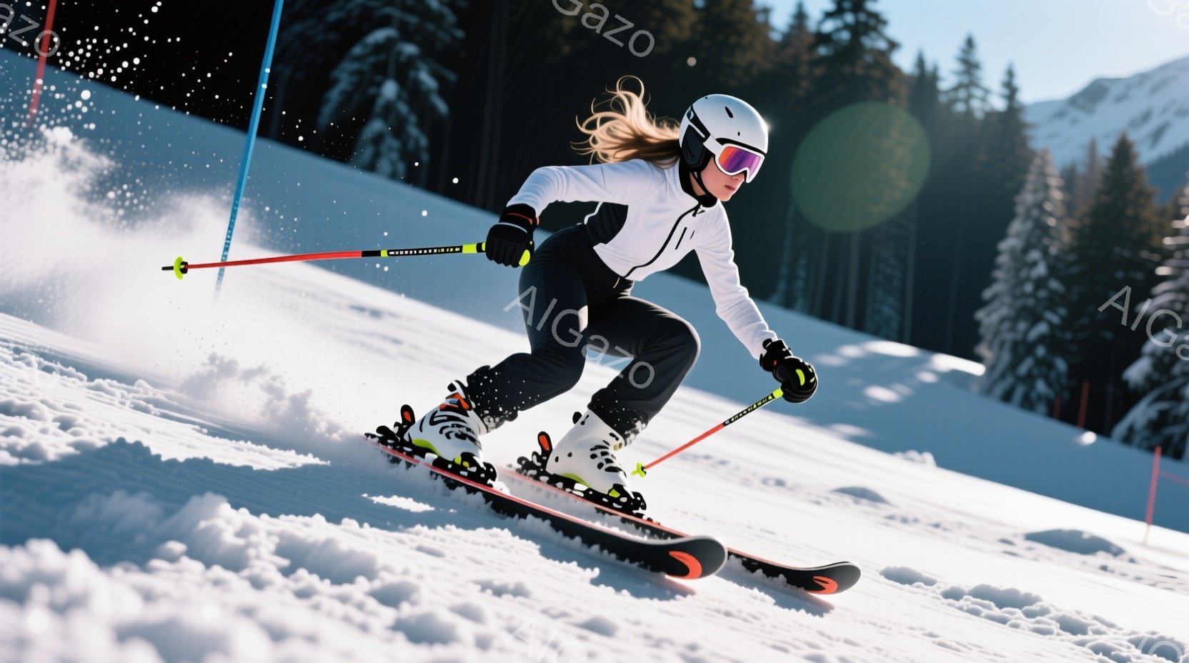 スキーヤーは白いヘルメットとゴーグルを着用し、黒いスキーウェアと白いハイカットのスキーブーツを身に着けています。彼女は斜面を高速で滑っており、やや前傾姿勢でバランスを取っています。背景には雪に覆われた山々と、青空が広がり、晴れた日のスキーを楽しむ活気のある雰囲気が漂っています。
