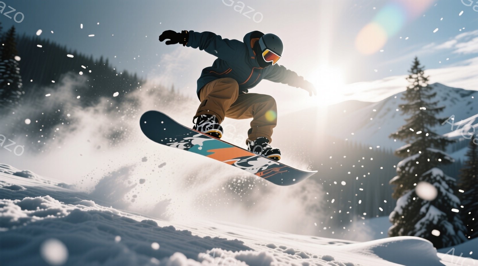 スノーボード選手が雪上を高くジャンプしている様子が写っています。彼は黒いヘルメットとゴーグルを着用し、濃い青色のジャケットと茶色のズボンを身につけています。背景には雪をまとった山々と針葉樹林が広がり、晴天の下、雪が舞う冬の風景です。