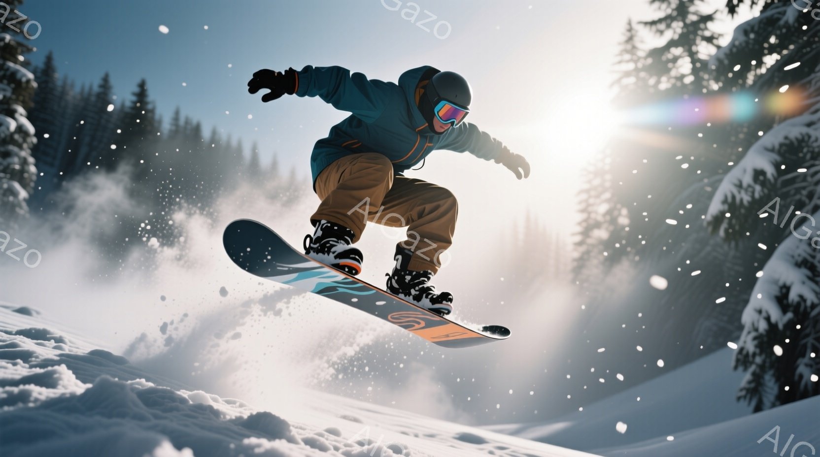 スノーボーダーが雪の上を高く飛び跳ねている様子が捉えられています。彼は青とオレンジのジャケット、ベージュ色のズボン、黒のゴーグルと帽子を着用し、空中で体をひねり、活気に満ちた表情を見せています。背景には雪に覆われた木々と白い吹雪が広がり、冬の活気ある雰囲気を醸し出しています。