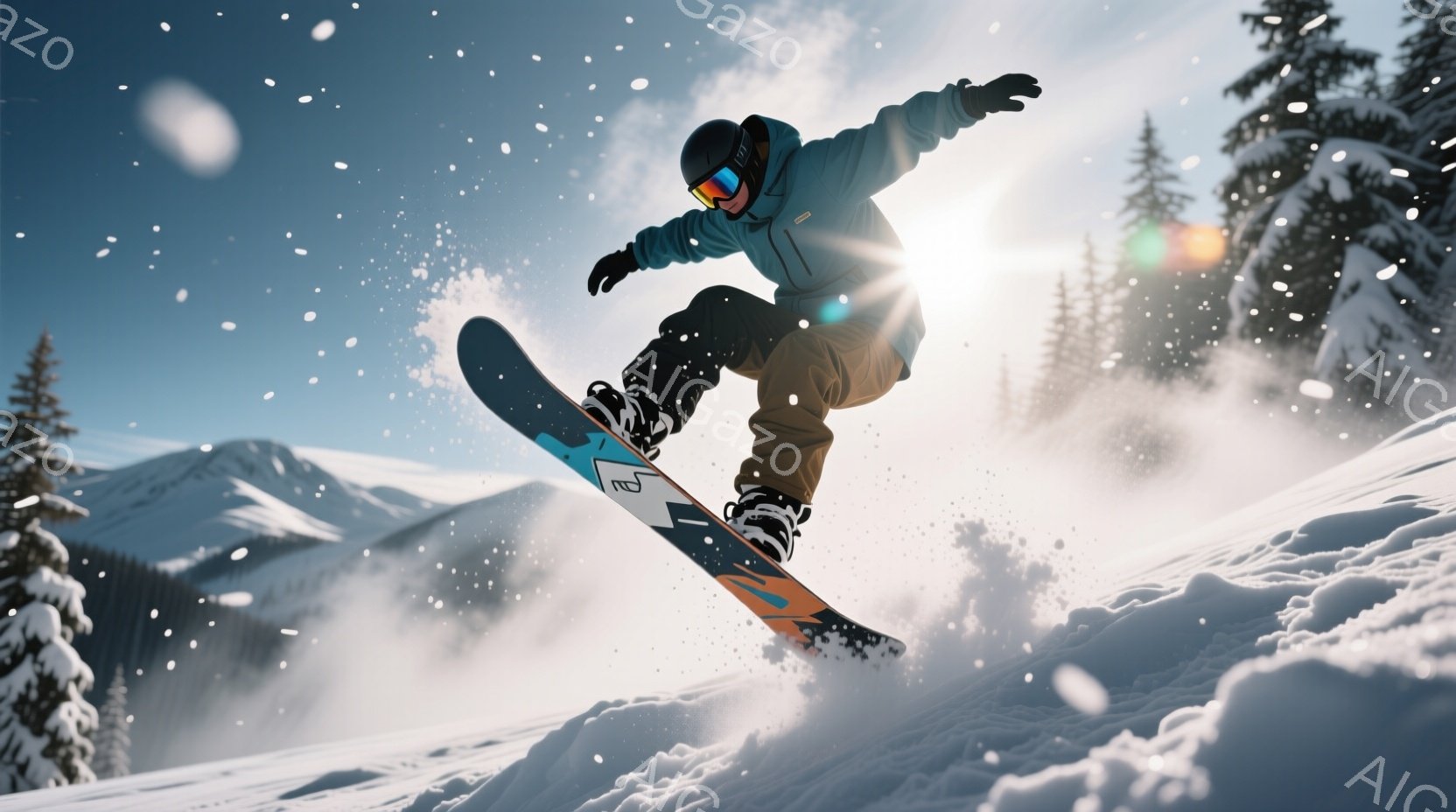 スノーボーダーが雪山でジャンプしている様子が捉えられています。彼は黒いヘルメット、ゴーグル、濃い青色のジャケット、ベージュ色のズボンを着用し、空中でのポーズを決めています。背景には雪をまとった山々と森林が広がり、晴天で光が差し込み、躍動感あふれる冬の雰囲気を醸し出しています。