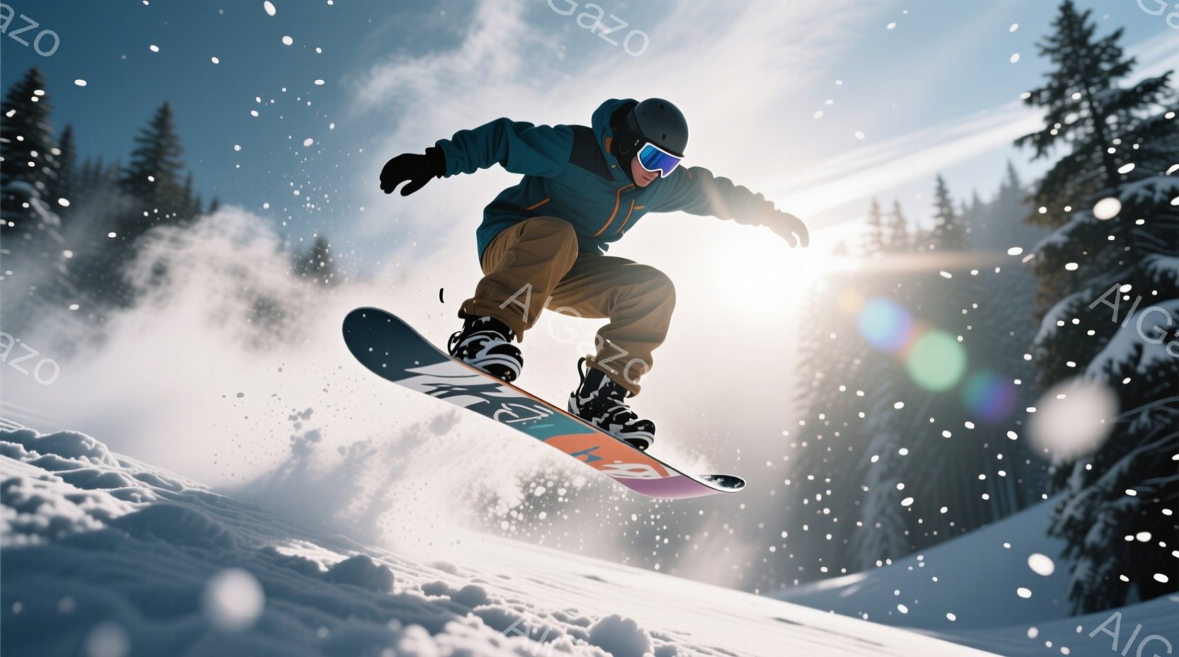 スノーボード選手が雪上を高く飛び跳ねている姿が捉えられています。彼はブルーのジャケットと茶色のズボンを着用し、ヘルメットとゴーグルで顔を覆っています。背景には雪に覆われた木々が広がり、太陽の光が反射してキラキラと輝き、活気に満ちた冬の雰囲気を醸し出しています。