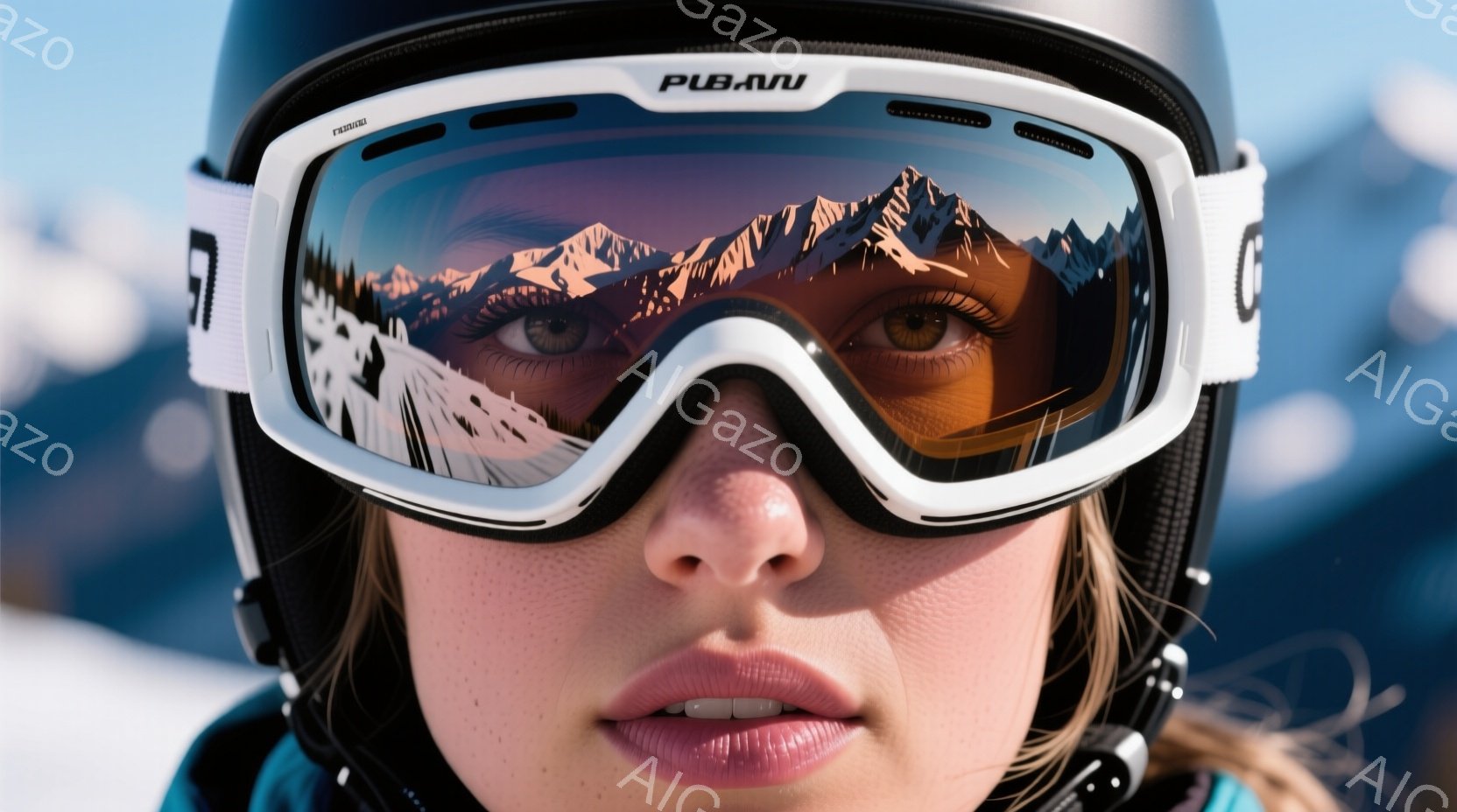スキーゴーグルを着用した女性の顔のクローズアップ写真です。彼女は明るい茶色の髪をしており、ゴーグルのレンズには雪山の風景が映り込んでいます。落ち着いた表情で、スキーやスノーボードを楽しむアクティブな雰 - AI生成フリー素材