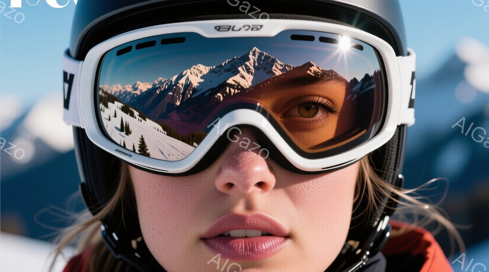 スキーゴーグルを着用した女性の顔のクローズアップです。ゴーグルのレンズには雪山が映り込み、女性は少し微笑み、落ち着いた表情をしています。赤いジャケットの一部が見え、背景には白い雪景色が広がっています。