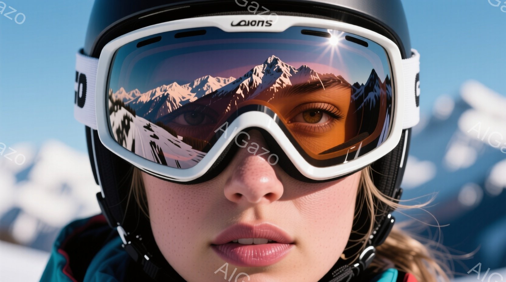 スキーゴーグルを着用した女性のクローズアップ写真です。彼女はそばかすがあり、赤い唇で、ゴーグルのレンズには雪山が反射しています。背景は青空と雪景色で、冬のスキー場の雰囲気が伝わってきます。