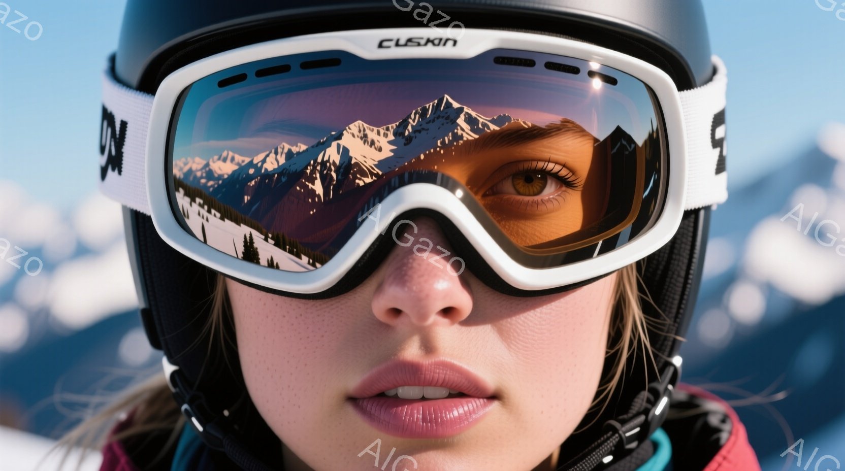 明るい雪景色を背景に、スキーゴーグルをかけた女性の顔のアップです。彼女はそばかすがあり、口元は少し開いており、落ち着いた表情をしています。ゴーグルのレンズには雪山と松林が反射しており、冬のスポーツを楽しむ雰囲気が伝わってきます。