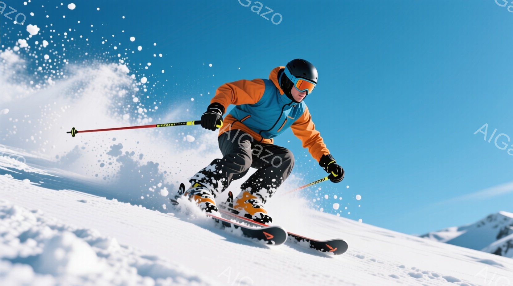 スキーヤーは鮮やかなオレンジと青のスキーウェア、黒のヘルメット、ゴーグルを着用し、雪上を高速で滑走しています。膝を曲げ、前傾姿勢でバランスを取りながら、雪煙を上げてスキーを楽しんでいる様子が伺えます。背景には青空が広がり、遠くには雪を抱いた山々が確認でき、晴れた冬の日における爽快なスキーの雰囲気が伝わってきます。