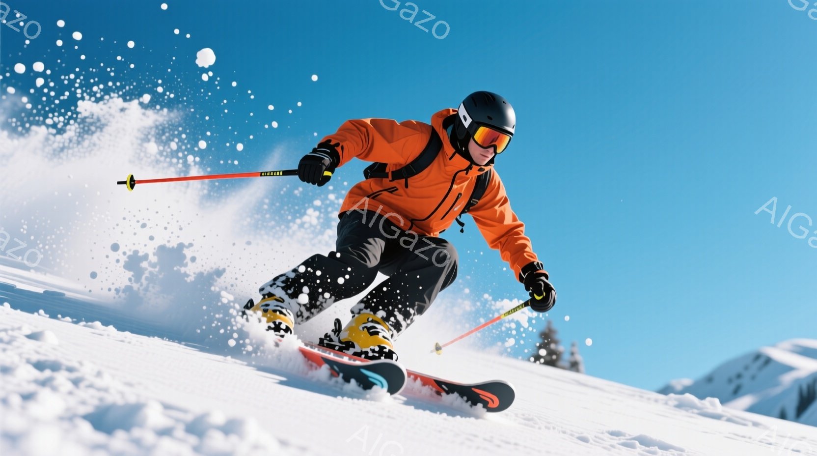 スキーヤーが雪山を高速で滑走している様子が捉えられています。オレンジ色のスキーウェアと黒いヘルメット、ゴーグルを着用し、雪煙を巻き上げながら前傾姿勢で滑っています。背景には雪に覆われた山々が広がり、晴天の下、活気に満ちた冬の雰囲気が漂っています。