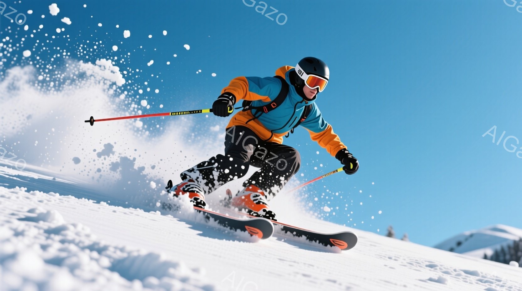 スキーヤーが雪山を高速で滑走している様子が捉えられています。彼は黒いヘルメットとゴーグルを着用し、オレンジと青のコントラストが鮮やかなスキーウェア、黒のズボンを身に着けています。背景には青空が広がり、遠くには雪を頂いた山々がうっすらと見え、爽快な冬の雰囲気が漂っています。