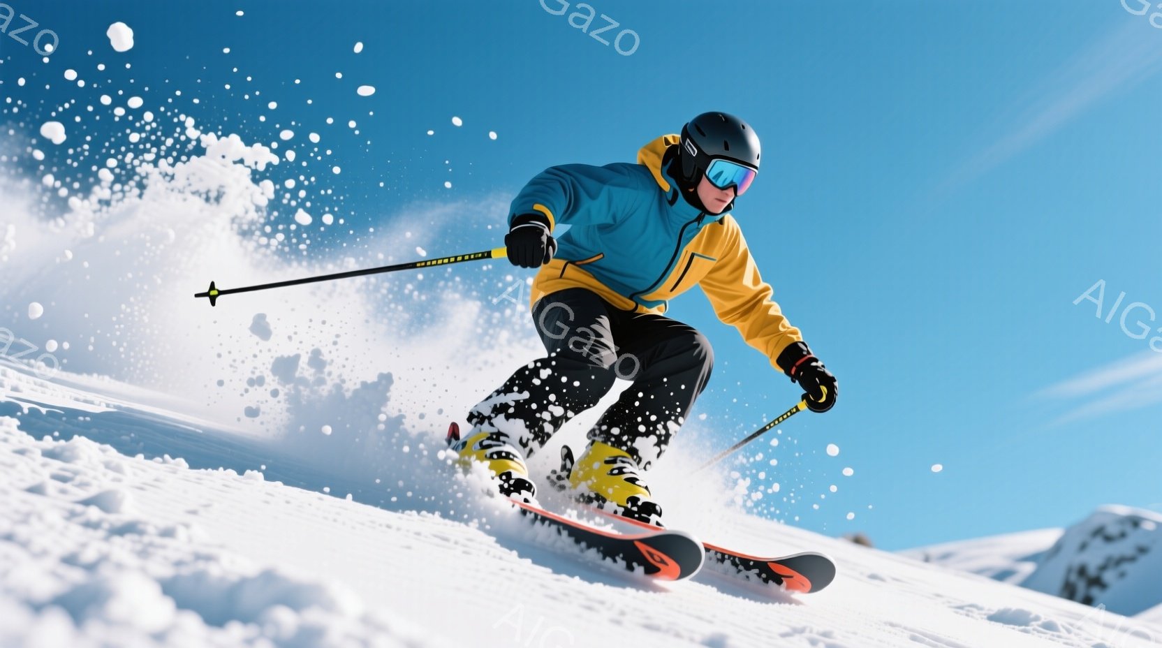スキーヤーは鮮やかな青と黄色のスキーウェア、黒のヘルメット、ゴーグルを着用し、雪山を高速で滑走している。姿勢は低く、バランスが取れており、雪煙が舞い上がっていることからスピード感が伝わる。背景には雪に覆われた山々と晴れた青空が広がり、爽快でエネルギッシュな雰囲気が漂う。