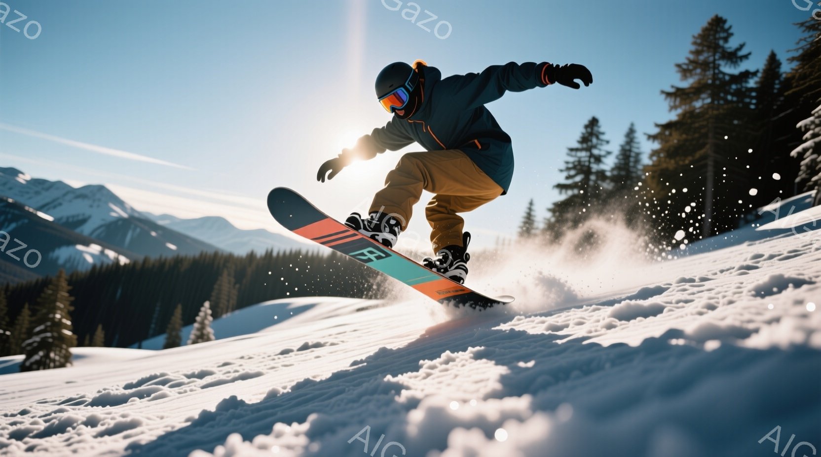 スノーボーダーが雪山を疾走している様子が捉えられています。彼は黒いヘルメットとゴーグルを着用し、ネイビーとオレンジのジャケット、そしてカーキ色のズボンを身に着けています。背景には、雪をまとった木々と遠くの山々が広がり、晴天の下で爽やかな冬の雰囲気が漂っています。